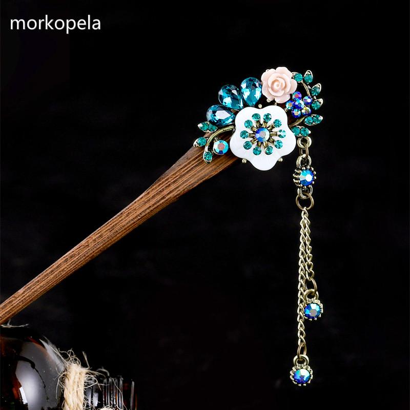

Hair Clips & Barrettes Morkopela Chinese Bridal Wedding Accessories Wood Stick Charm Flower Rhinestone Hairpin Banqet Jewelry