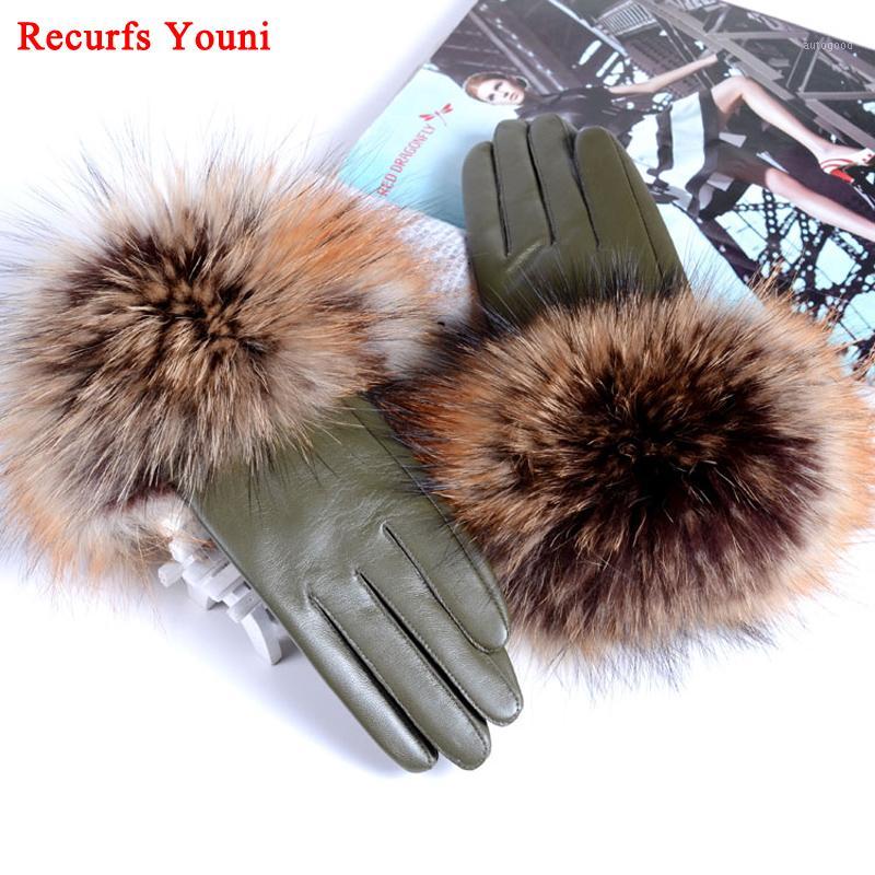 

Five Fingers Gloves RYG2104 Woman Genuine Leather Raccoon Fur Female European Thin Lining Black/Dark Red/Arm Green Driving Luvas1
