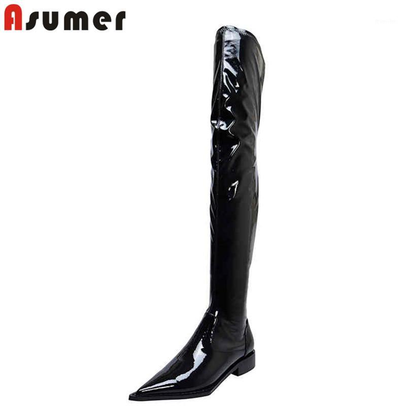 

ASUMER 2020 New high quality genuine leather boots pointed toe thigh high boots stretch patent leather over the knee women1, Black