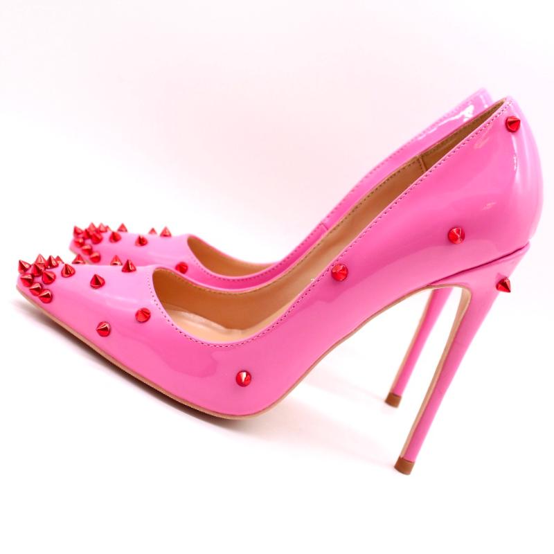 

2021 Fashion free shipping women pink spikes patent leather Poined Toe Stiletto high heel pump HIGH-HEELED SHOES Wedding Shoes, 10cm
