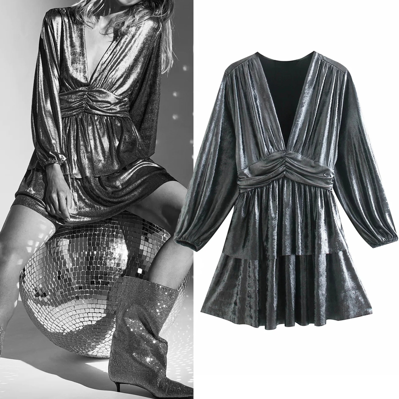 

2021 New Silver Party Mini Women Y2k Ruffle Puff Long Sleeve Dress Woman Vintage Pleated Elastic Waist Shein Dresses Qra8