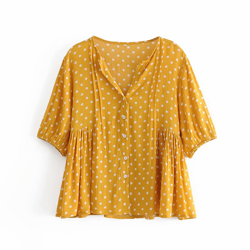 

New Elegant Women V-neck Polka Dot Shirts 2021 Summer Fashion Ladies Orange Loose Tops Sweet Female Chic Button Blouses Is7d