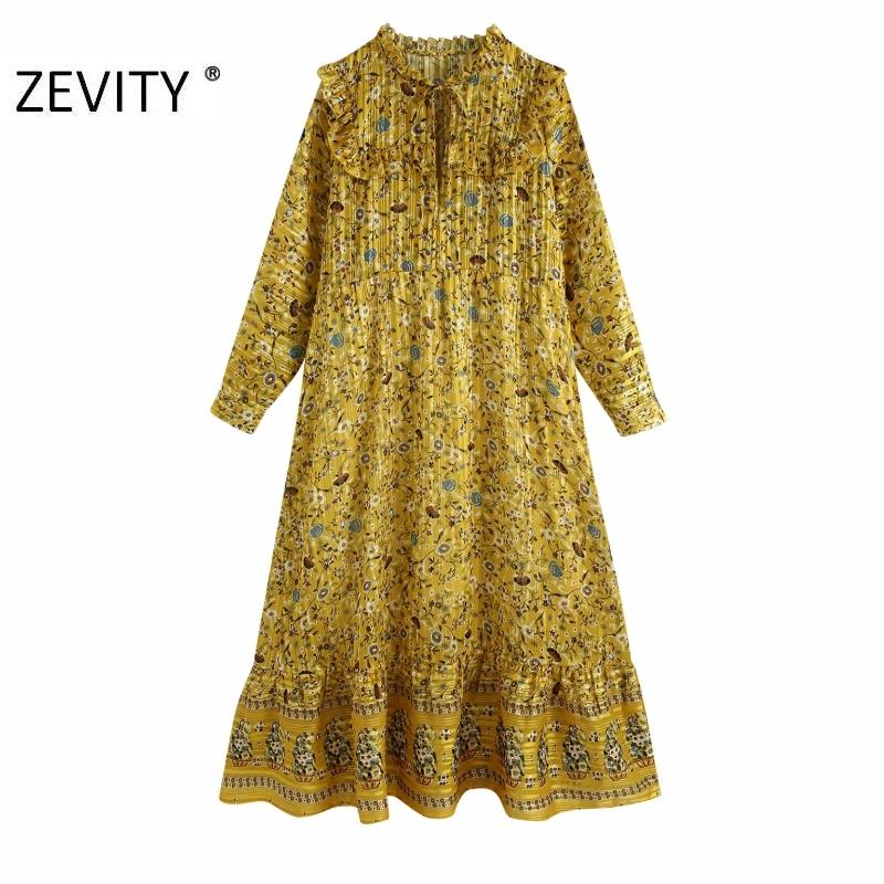 

ZEVITY women vintage flower print striped straight midi dress lady long sleeve kimono vestido chic casual ruffles dresses DS4479, As pic ds4479bb