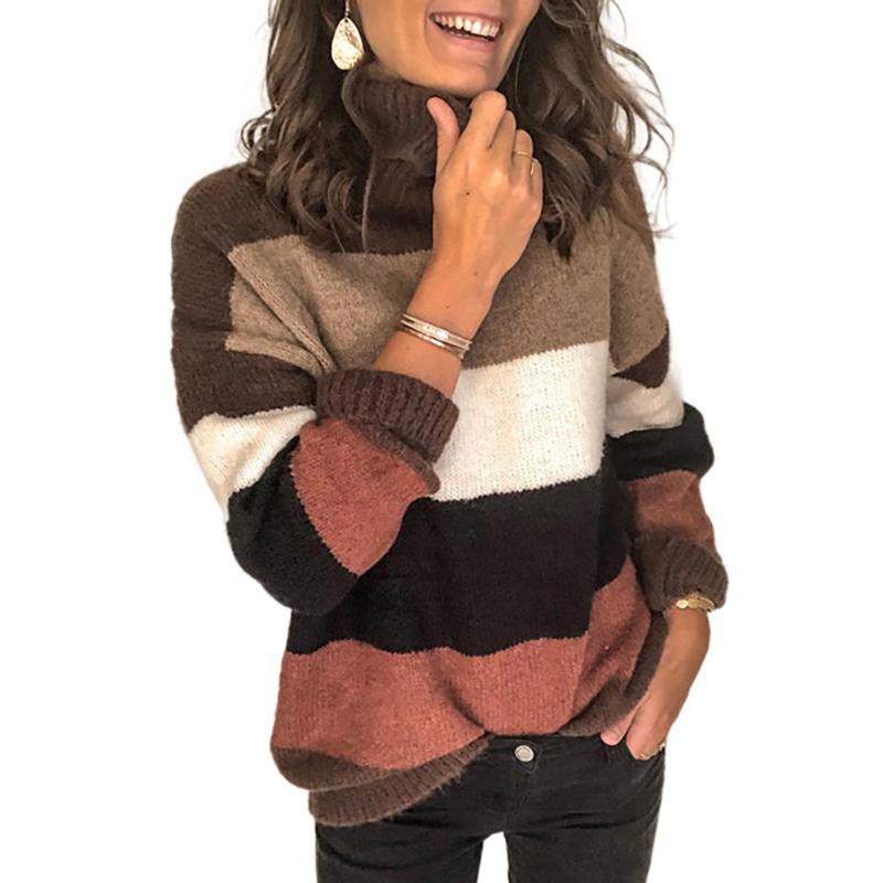 

Women Stripe Patchwork Turtle Neck Long Sleeve Autumn Winter Sweater Jump, Brown