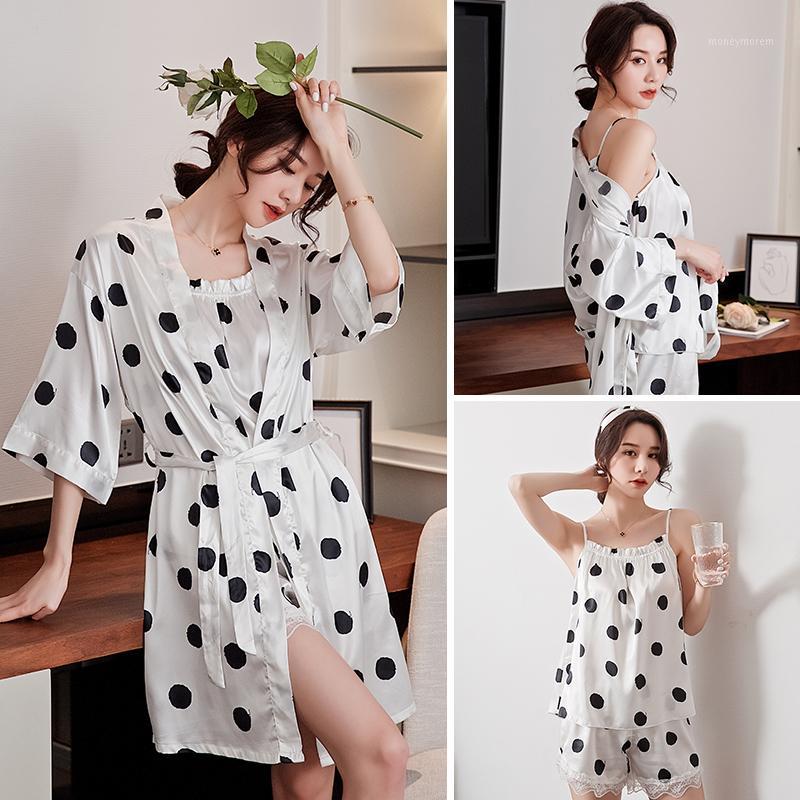 

Casual 3PCS Sleep Set Women Satin Nightdress Kimono Bathrobe Gown Print Sleepwear Nightgown Sexy Intimate Lingerie Home Clothes1, Shorts set green