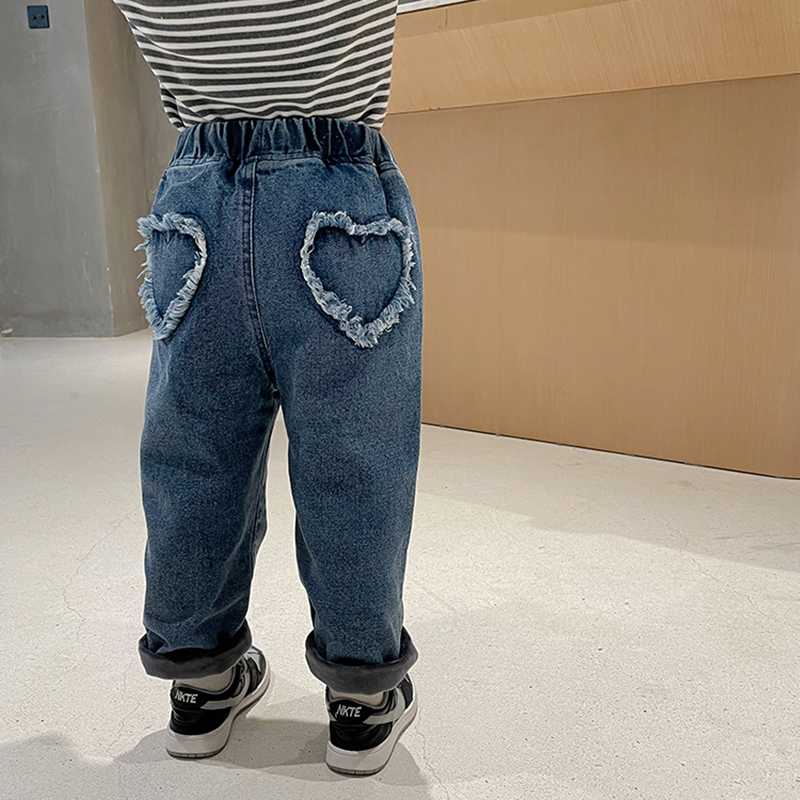 

2021 New 2-6 Years Winter Girls Boys Cute Cartoon Heart-shaped Jeans Pant Baby Kids Children Thick Warm Fleece Denim Trousers, Blue