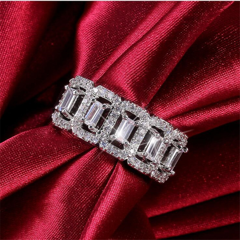 

2021 New Arrival Sparkling Luxury Jewelry 925 Sterling Silver Princess Cut White Topaz CZ Diamond Gemstones Women Wedding Band Ring Gift