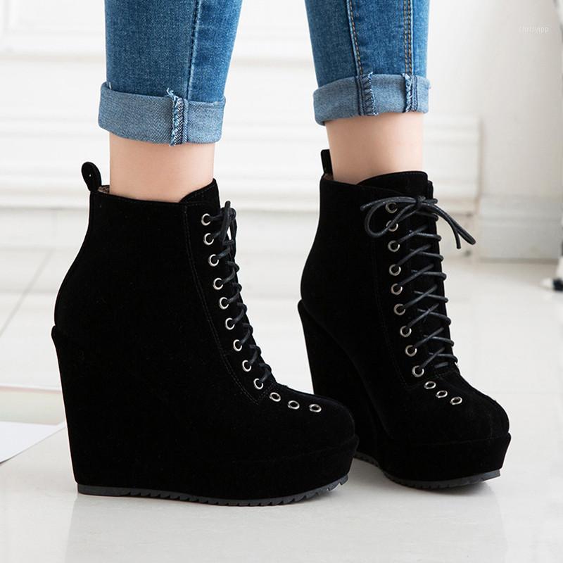 

2020 Autumn Winter New Stylish Lace-Up Women Ankle Boots Sexy Platform Round Toe Wedges Boots Woman Ankle Plus size 34-431, Black