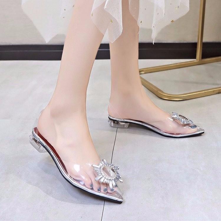 

Large Size 41 42 Fashion Clear PVC Transparent Low Heels Sandals Women Shoes Rhinestone Sunflower Sandals Summer Shoes