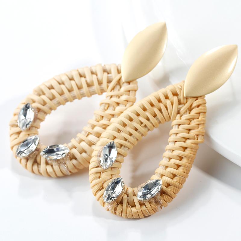 

AENSOA Trendy Rattan Braid Crystal Water Drop Statement Earrings For Women Korean Handmade Bamboo Rattan Woven Dangle Earrings