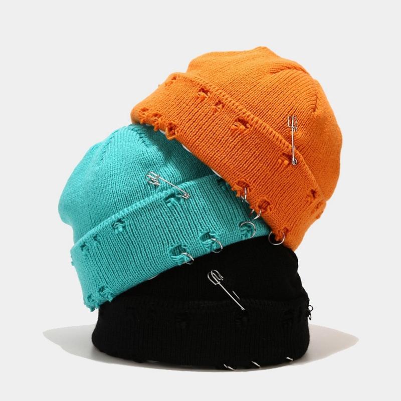 

Winter Knit Beanie Hat with Pins O-Ring Distressed Hole Cuffed Melon Skull Cap X7YA