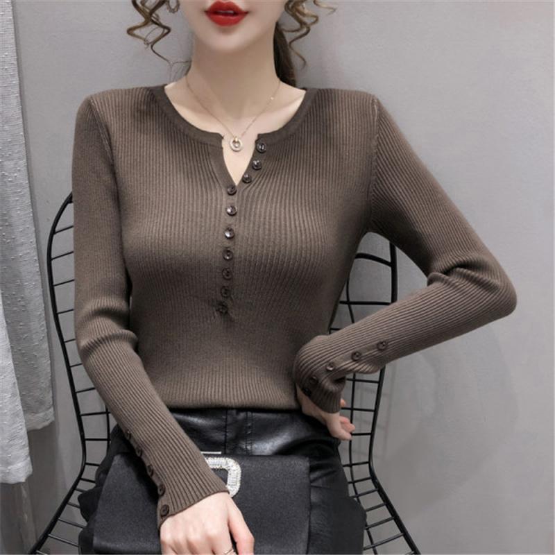 

Fashion V-Neck Long Sleeve Sweater Women High Quality Button Solid Color Slim Bottoming Shirt Knit Tops Autumn Winter 2020 New, Black