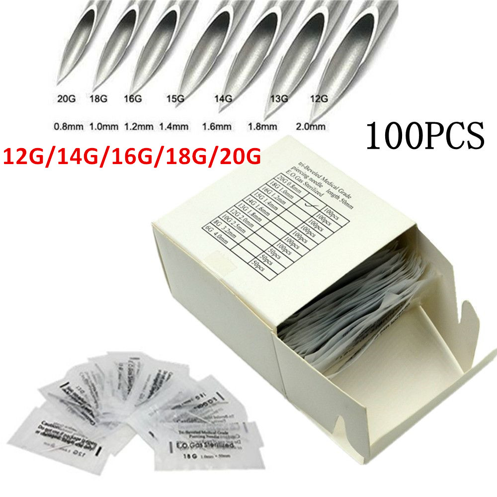 

100PCS Piercing Needle Surgical Steel 12-20G Disposable Permanent Makeup Tattoo Needles Gas Sterilized