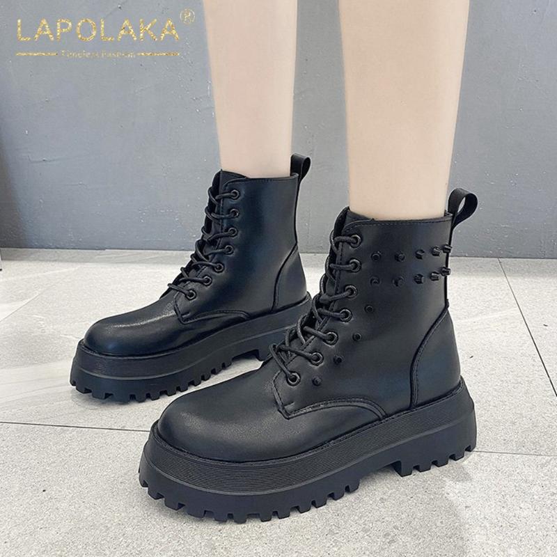 

Lapolaka 2021 Fashion Punk Style Cool Rivet Trendy Boots Woman Shoes non-slip Comfy Soft Heel Shoelace INS Dropship Booties, Black