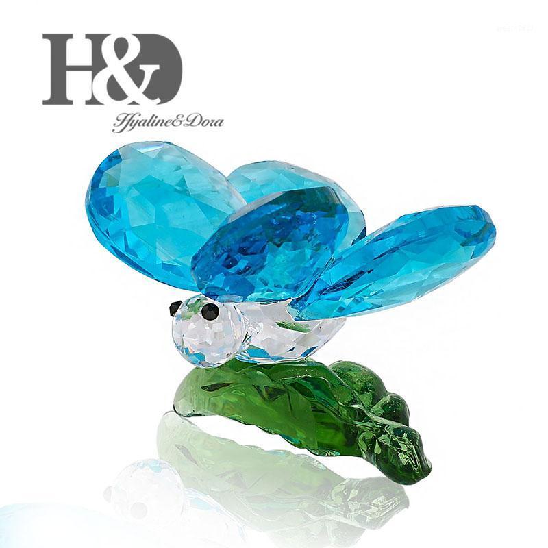 

H&D Blue Crystal Butterfly w/ Green Leaf Base Art Glass Figurine Paperweight Ornament Wedding Souvenir Christmas Gift Home Decor1