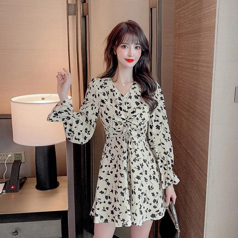 

JXMYY Drawstring v-neck floral dress autumn dress 2020 new female waist slimming design skirt #K15m, Black;gray