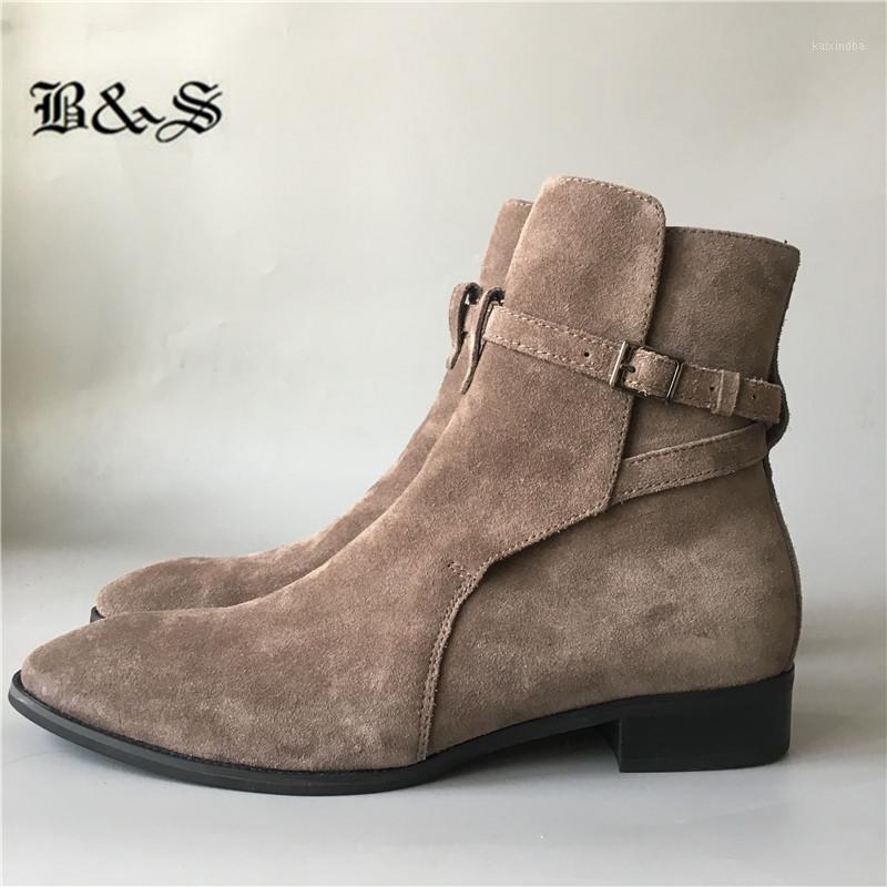 

Black& Street NEW color Real picture MID Buckle Strap Men Suede WyaBoots genuine Leather Boutique Wedge wedding Dress Boots1