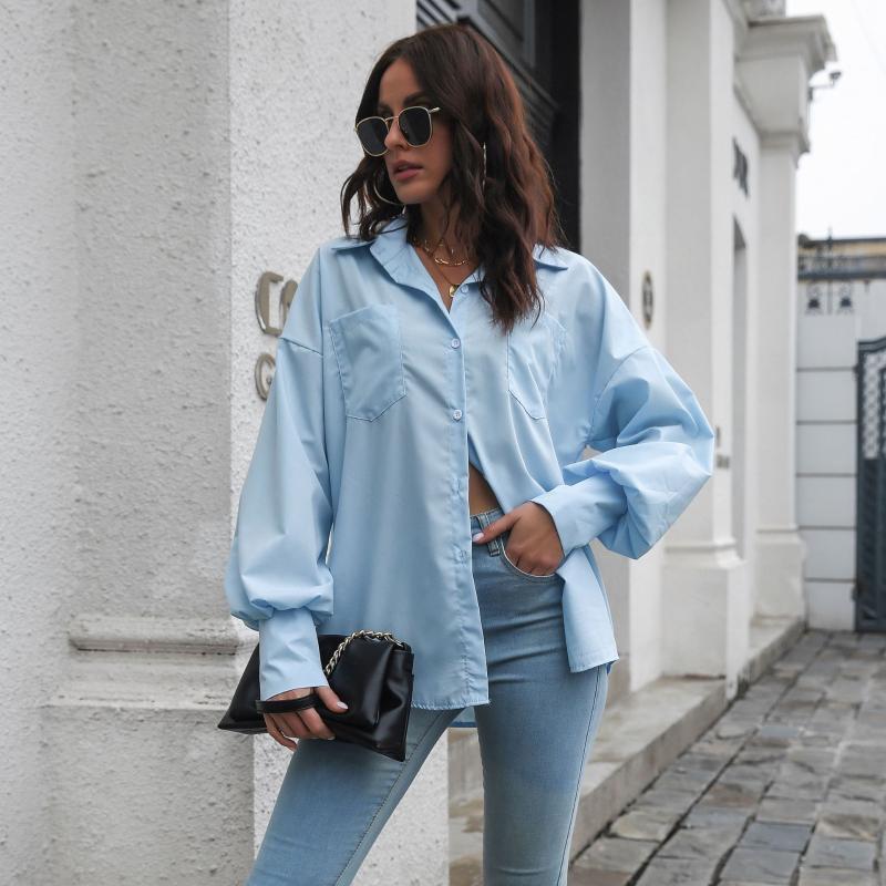 

Women's Blouses & Shirts Korean Cotton Button Up Women Solid Latern Long Sleeve Black White Harajuku Office Lady Fashion Tops