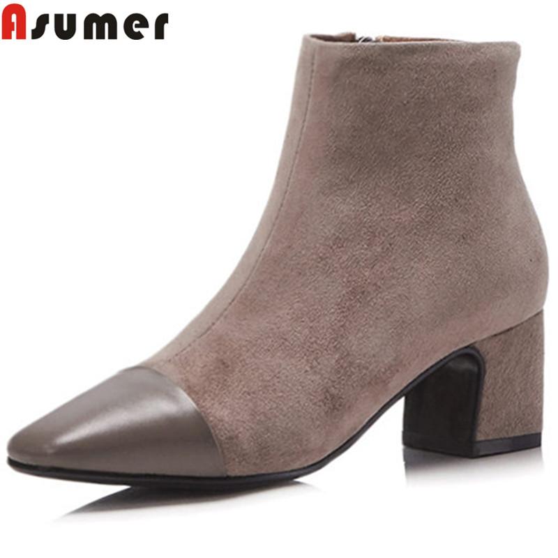 

ASUMER big size 34-42 fashion autumn winter shoes woman square toe zip genuine leather +suede leather ankle boots women, Black not fur
