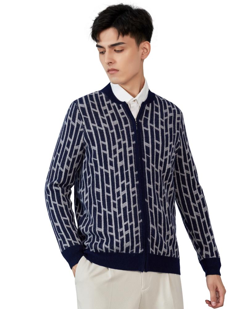 

Zhili Men' 100% Cashmere Zip Up Crew Neck Long Sleeve Cardigan Sweater, Navy blue