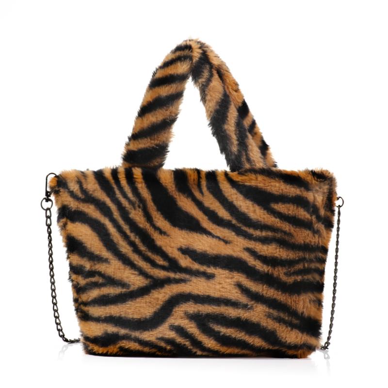 

New Winter Fluffy Big Shoulder Bag Messenger Bag For Women Leopard Zebra Print Underarm Bags Soft Plush Warm Fur Bags With Chain, Zebra brown