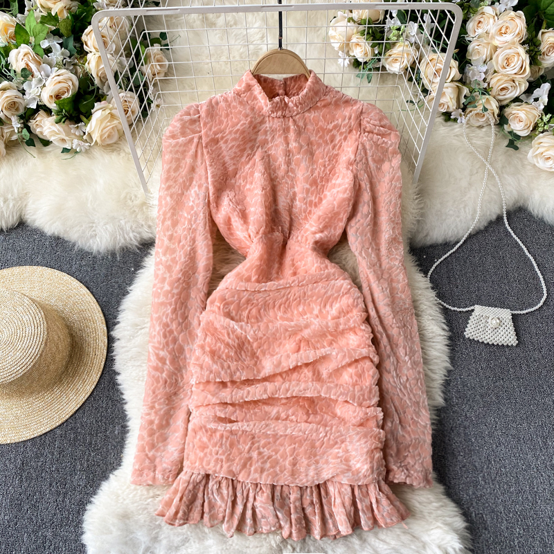 

2021 New Singiny sexy design no back female long neck thin autumn dresses frilly dress short XGLF, Pink