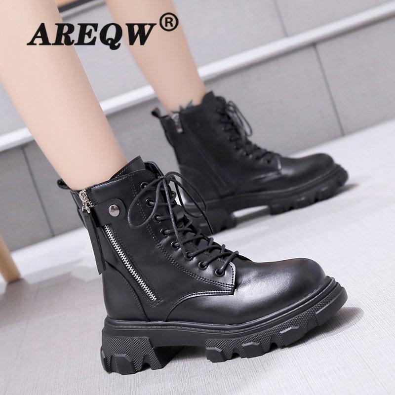 

Ankle Boots for Women 2020 Autumn Motorcycle Boots Thick Heel Platform Shoes Woman Round Toe Fashion Cross-tied, Black