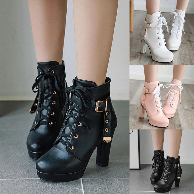 

Woman Boots Women Shoes Ladies Thick PU Leather Ankle Boots Women Side Zip High Heel Platform Rubber Shoes Snow 35-431, Pink