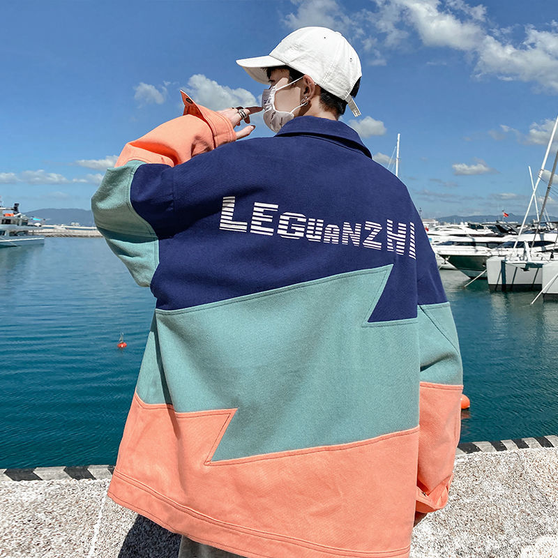 

Spring 2021 Men's and New Autumn Printed Splicing Jacket Youth Male Wear Large M- CZHN, Blue