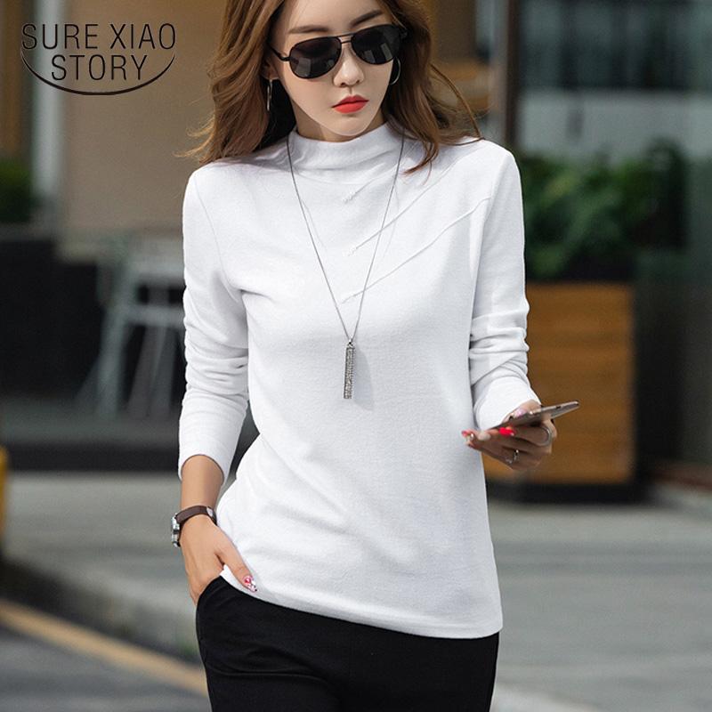 

Women's T-Shirt Spring Women Long Sleeve T-shirts Semi-High Neck Autumn Buttons Solid Bottoming Shirt Fashion Elegant Lady Clothes Tops, White