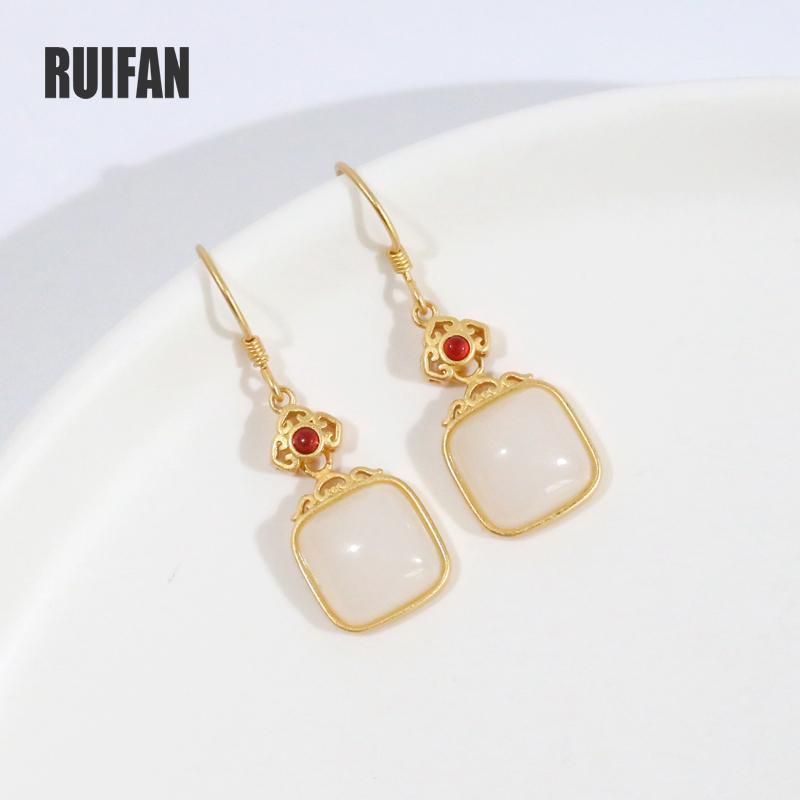 

Dangle & Chandelier Luxury Square White Natural Jade Stone Hook Drop Earrings For Women Vintage Gold Color Silver 925 Fine Jewelry YEA4761