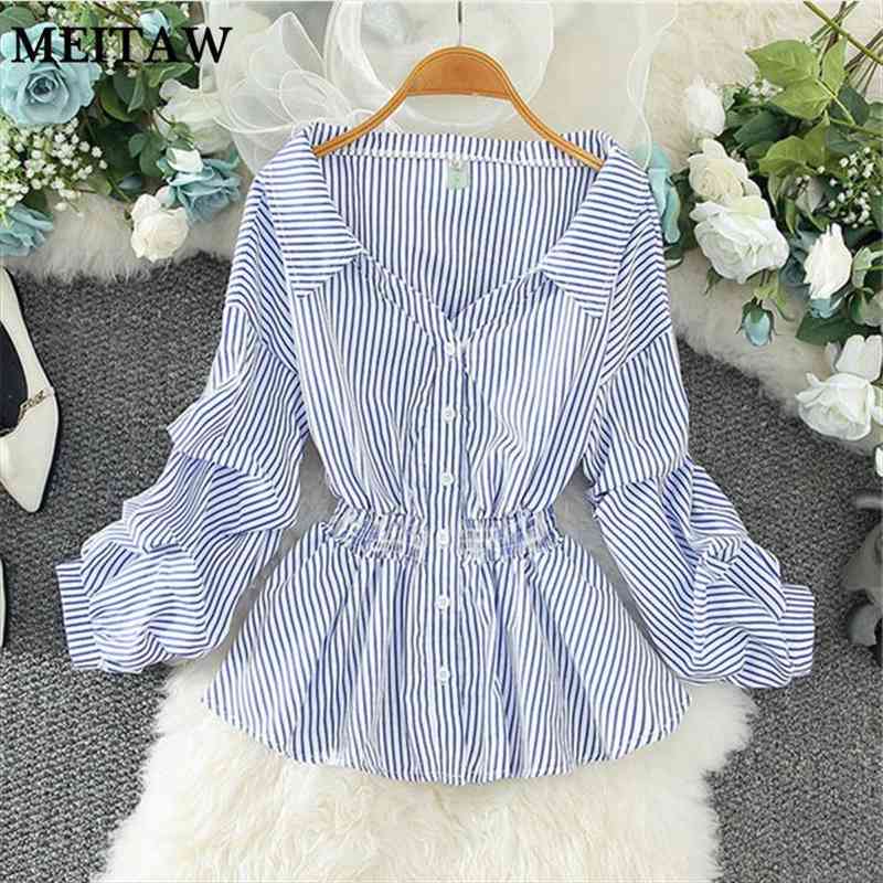 

elegant ruffle office blouse vintage striped print shirts women spring autumn long sleeve slim casual, White