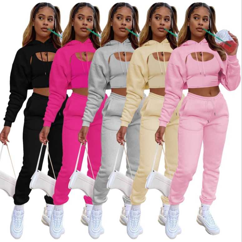 

Women's Pants & Capris HR8193 Winter 2021 Arrivals 6colors Sweet Vest Top + Hoodie Crop With Jogger Two 2 Piece Set Women, Black;white