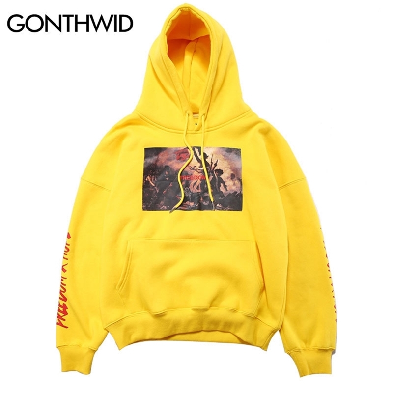 

GONTHWID Painting Printed Hoodies Men's Autumn Winter Fleece Sweatshirts Hip Hop Casual Cotton Pullover Skateboard Hoodie LJ200826, Yellow