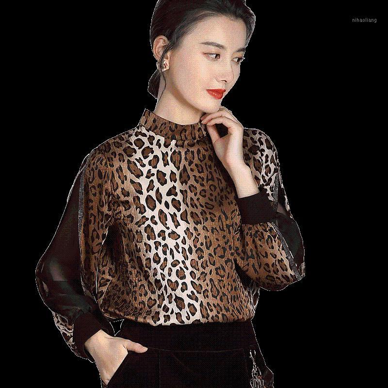 

2019 New Spring Fashion Women Clothing Stand Collar Shirts Lantern Long Sleeves Chiffon Mesh Patchwork Vintage Top Blouse Female1, Picture color