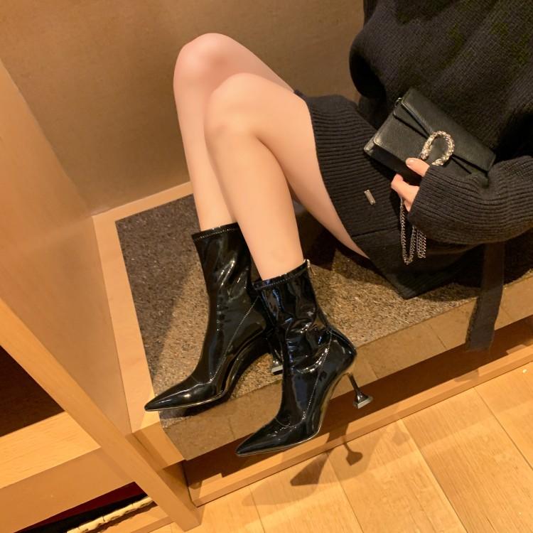 

Black Patent Leather Women Short Autumn Boots Elastic Thin High Heels Prom Party Stilettos White Winter Wedding Shoes Lady Botas, Plush inside