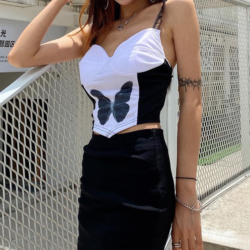 

Fashion Summer Mesh Spaghetti Strap White Crop Tops E-girl Patchwork Butterfly Graphic Front Backless Camis Top Club 20201