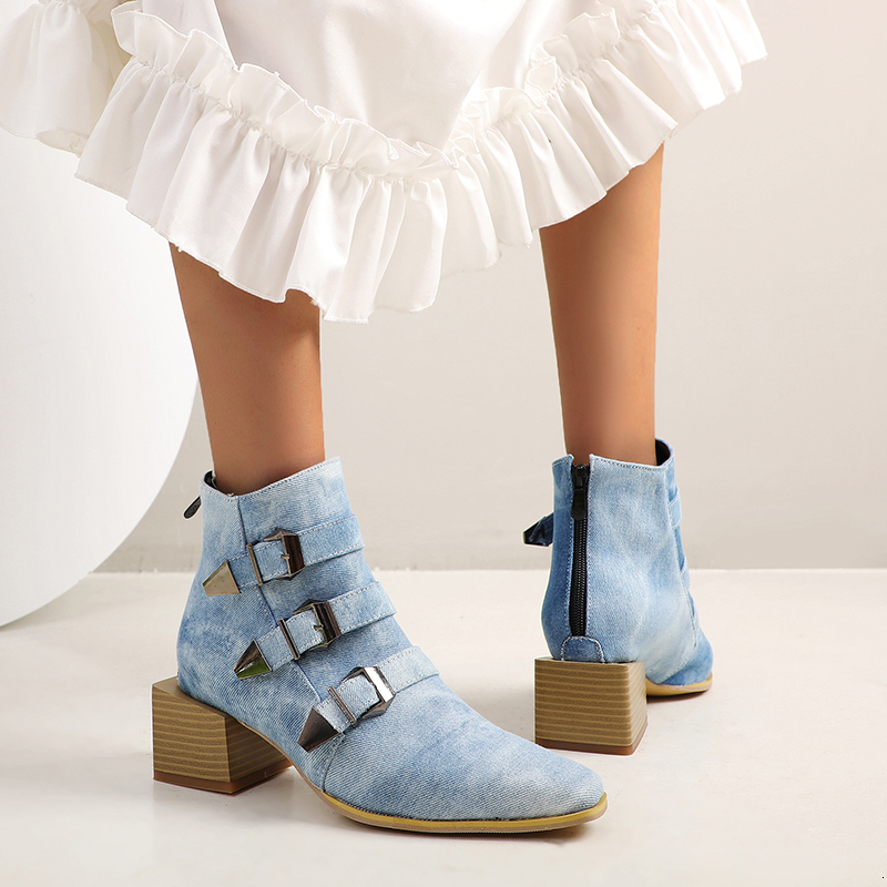 

2021 Women's Boots Pu/tissue Denies Size 22-28cm Length Autumn and Winter Toe Foot Foot-square Buckle Metal Shoes W594, Brown.