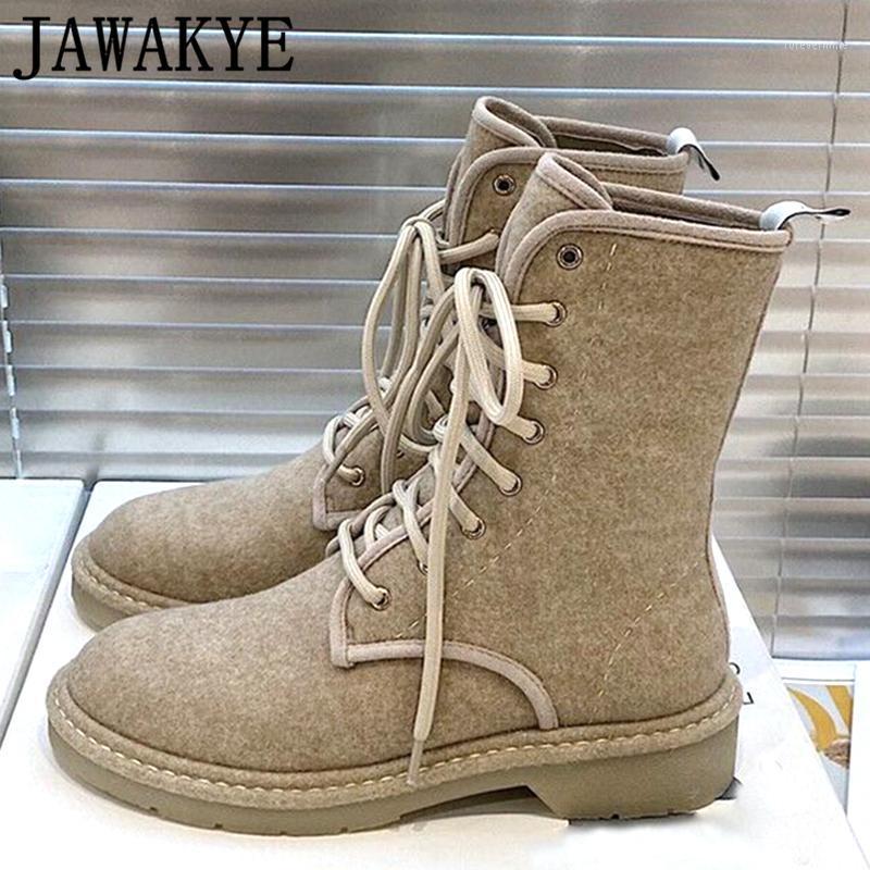

JAWAKY Apricot tweed boots Woollen Ankle Boots For Women Lace up Short Comfortable Flat Winter Shoes Woman botas mujer1, Brown
