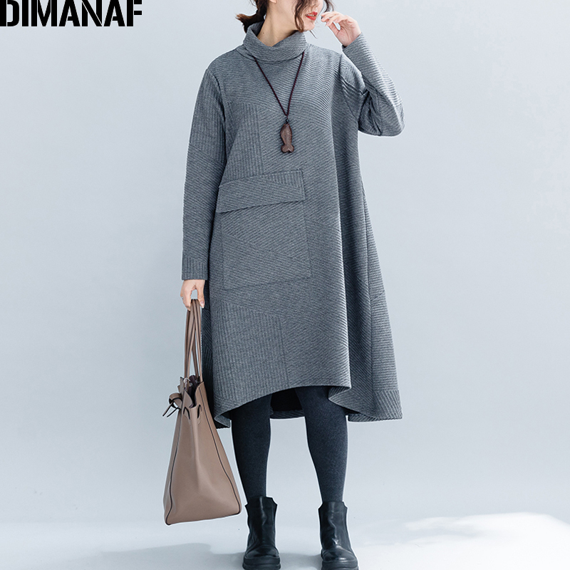 DIMANAF Women Dresses Big Sizes Winter Thick Cotton Female Loose Clothing Casual Lady Vestidos Turtleneck Striped Pockets Dress 201125Z