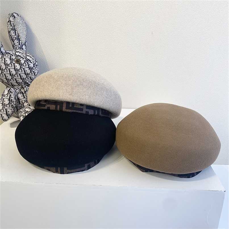 

French British Retro Style Wool Felt Hat FF Letter Edge Fashion All-match Beret Female Luxury Simple Beret Hat Women Designer 211227, Blue;gray