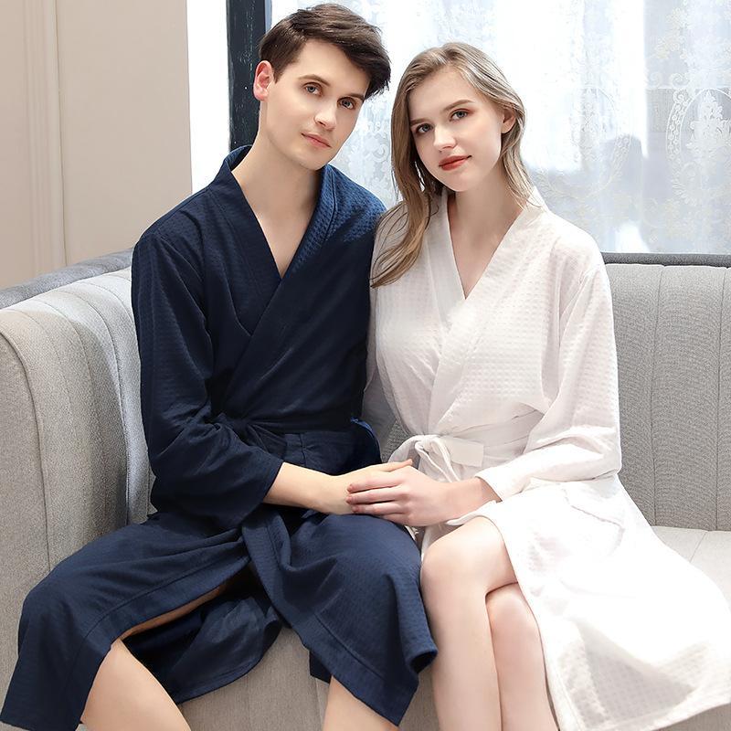 

New 100% pure Cotton plain color bathrobes robe Beauty shop Hotel Unisex pajamas sauna clothes waffle Sleepwear water absorption1, Photo color