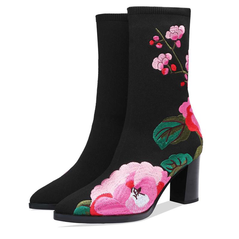 

Brand new winter shoes women knitting boots prints embroidery pointed toe thick high heels mid-calf sock boots zapatos de mujer, Beige