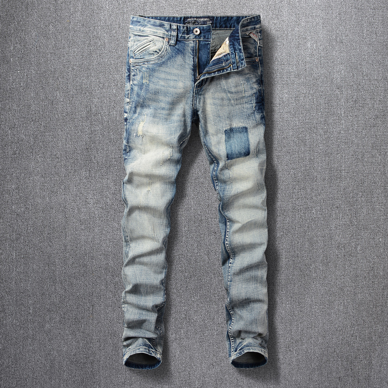 

2021 New Italian Style Fashion Men Jeans Retro Blue Slim Fit Distressed Ripped Denim Trousers High Quality Vintage Designer Cotton Pants 3df