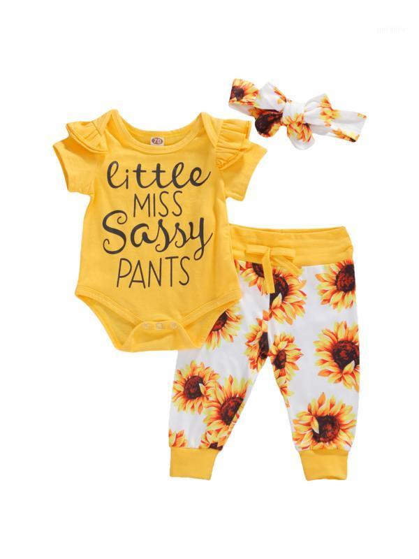 

Geagodelia baby girl clothing set short sleeve bodysuit long sunflower pants legging + headband summer baby clothes1, As pic