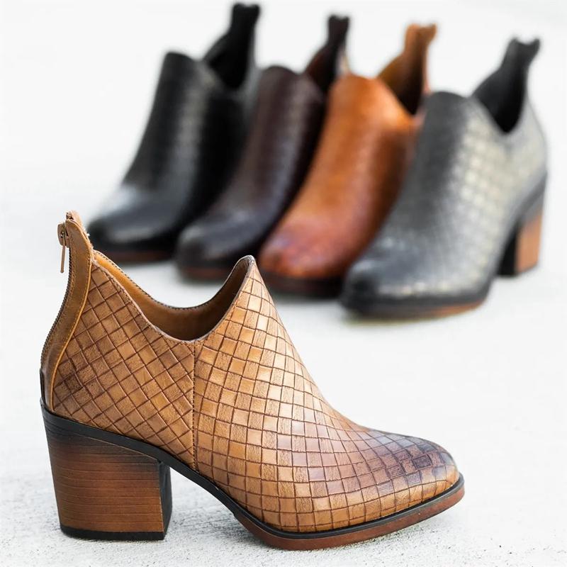 

JODIMITTY Women Boots Fashion Autumn Winter PU Female Side Zipper Boots Vintage Weaving 2020 New Autumn Ankle Feminina, Brown