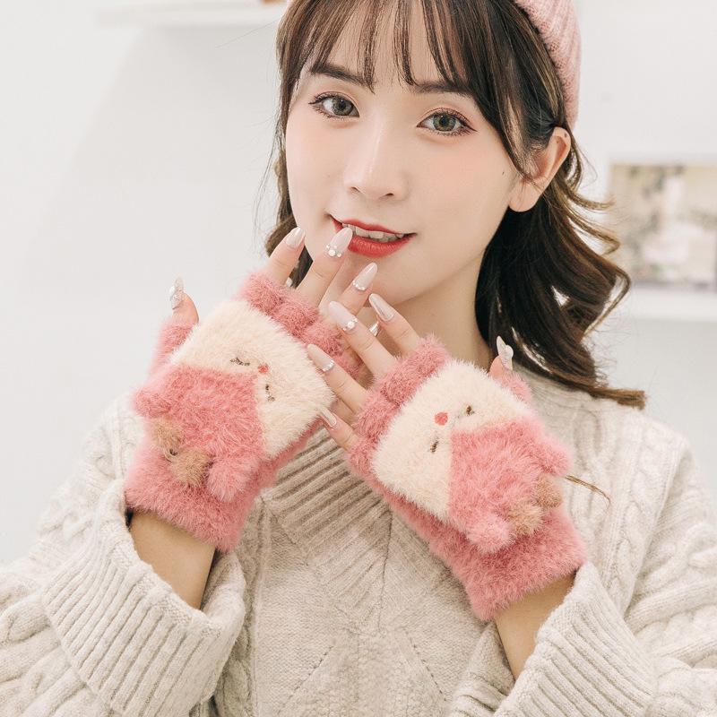 

Gloves Women Winter Student Adult Christmas Deer Convertible Flip Top Fingerless Gloves Five-pointed Warm Mittens Knitted Glove