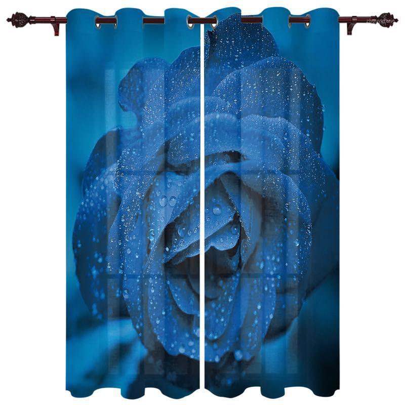 

Polyester Translucent Curtains Blue Rose Water Drops Pattern Luxury For Living Room Kitchen Bedroom Windows Curtain & Drapes