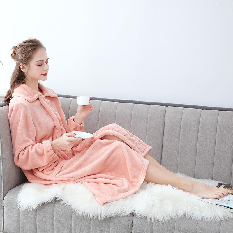 

Super Long Nightgown Thick Flannel Button Nightdress Autumn Winter Coral Fleece Cardigan Bathrobe Couple Pink Lounge Negligee, White