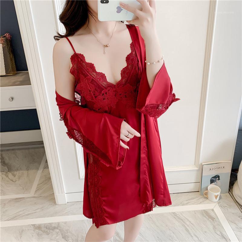 

Women Spring Nightgown Summer Sexy Suspender Nightdress With Chest Pad Ice Silk Long Sleeve Nightgown 2PCS Suit Home Service1